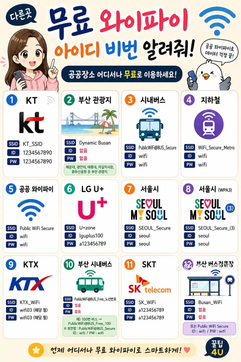 전국 공공 무료 와이파이 아이디 비밀번호 총정리 (버스·지하철·서울시·통신사)