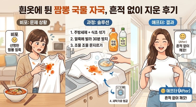 흰옷에 튄 짬뽕 국물 자국, 주방세제와 식초 섞어 얼룩 흔적 없이 지운 세탁 후기