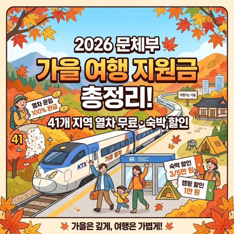 2026 문체부 가을 여행 지원금 총정리: 41개 지역 열차 무료·숙박 할인 혜택