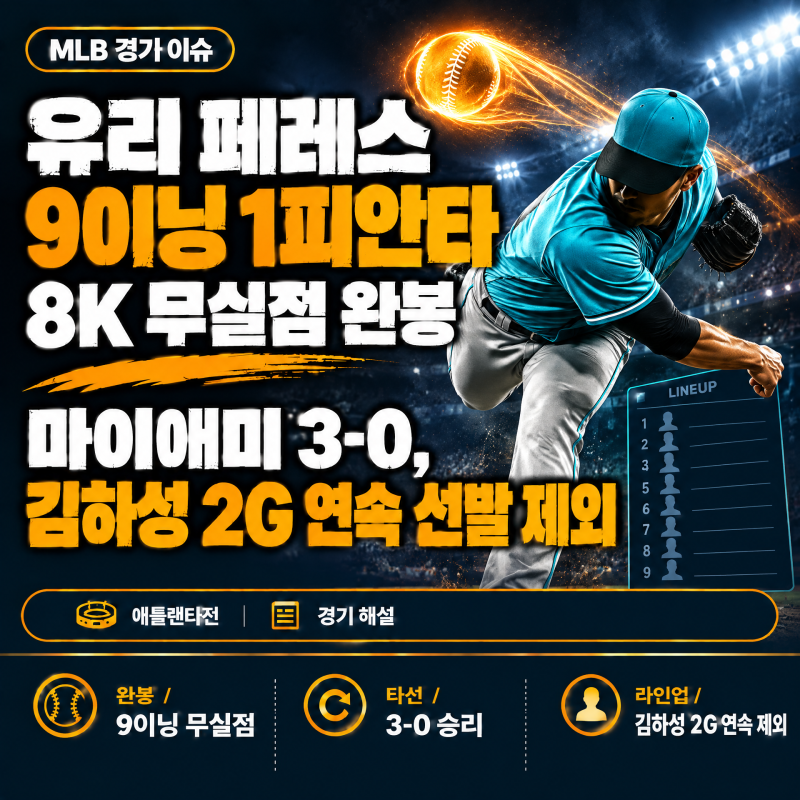 마이애미 유리 페레스, 9이닝 1피안타 8탈삼진 무실점 완봉으로