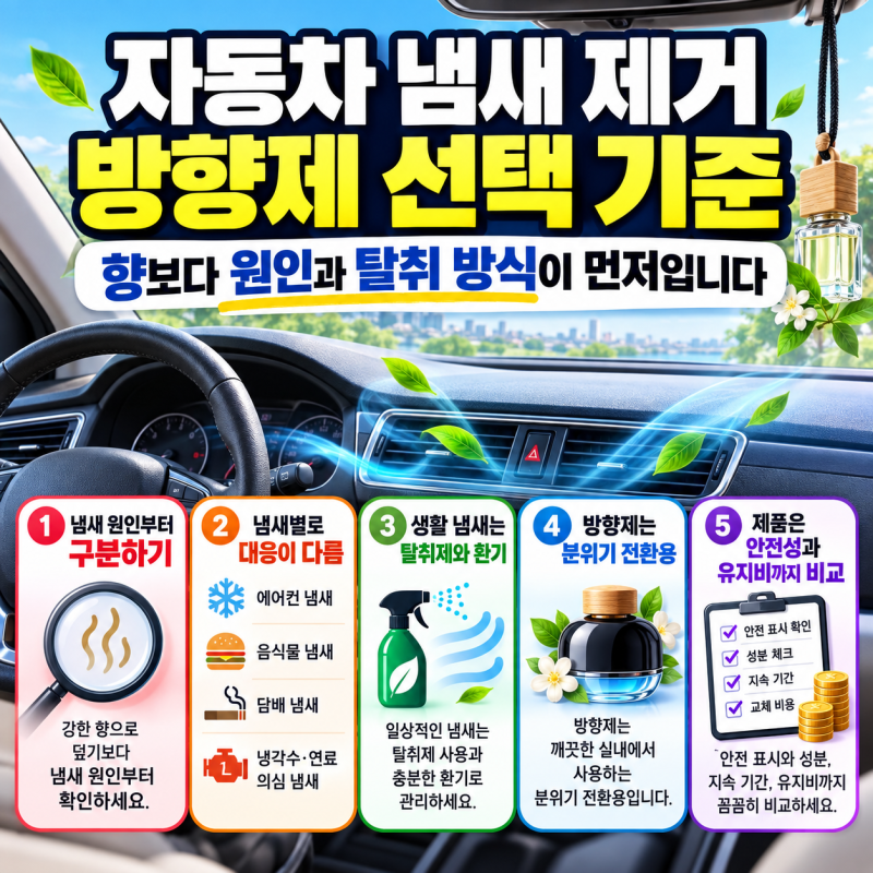자동차 냄새 제거 방향제 선택 기준, 향보다 원인과 탈취 방식이 먼저입니다