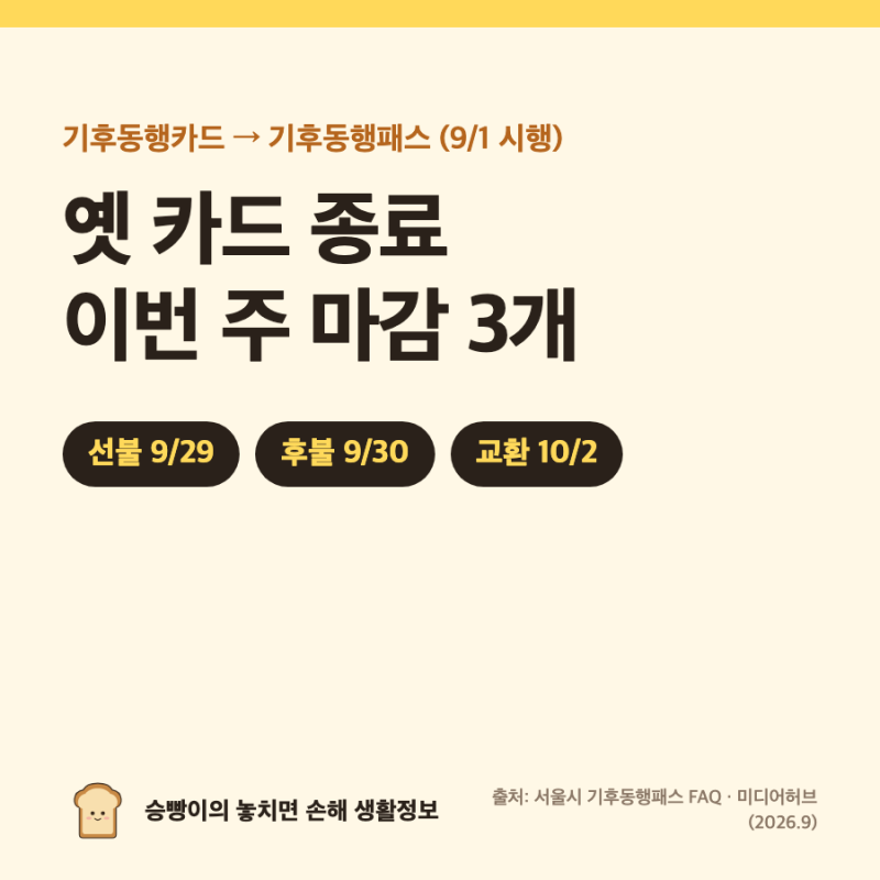 기후동행카드 종료 체크리스트｜선불 9/29 · 후불 9/30 · 카드 교환 10/2 · 기후동행패스 환급 2....