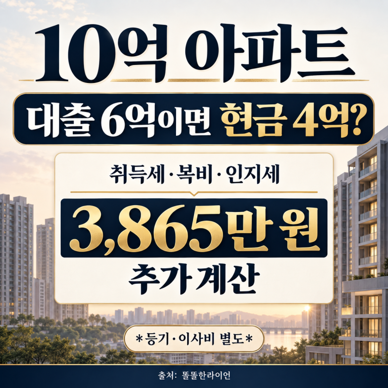 10억 아파트 사면 현금 4억이면 될까요? 취득세·복비까지 필요한 돈 계산
