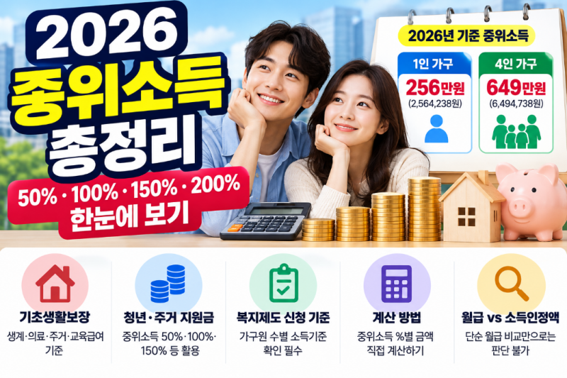 2026 중위소득 기준 총정리, 50%·100%·150%·180%·200% 얼마일까