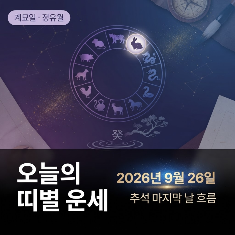 오늘의 띠별 운세 2026년 9월 26일 | 추석 연휴 마지막 날, 내 띠의 흐름은?