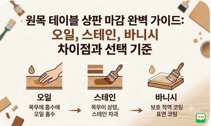 원목 테이블 상판 마감 완벽 가이드: 오일, 스테인, 바니시 차이점과 선택 기준