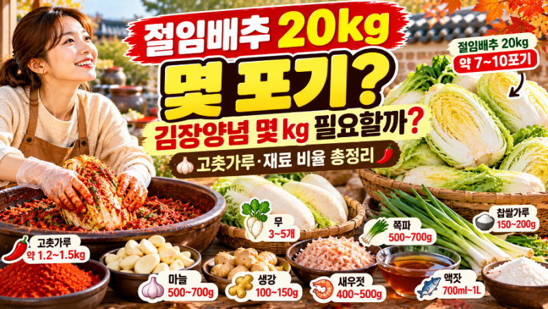 절임배추 20kg 몇 포기? 김장양념 몇 kg 필요할까｜고춧가루·재료 비율 총정리