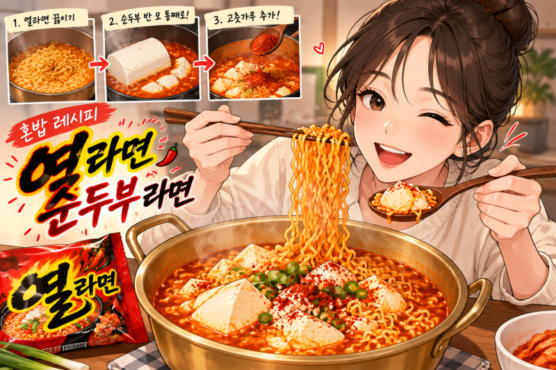 혼밥 라면 레시피 끝판왕! 열라면 순두부 반 모 얼큰하게 끓이는 법