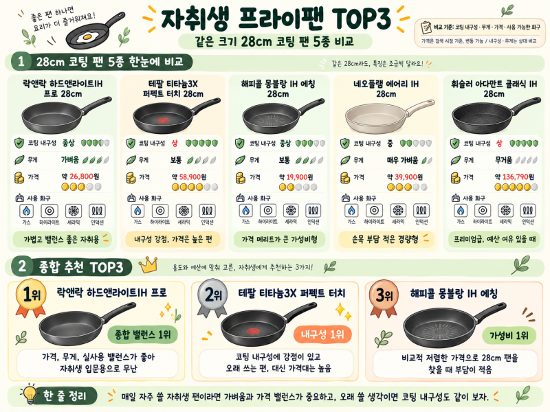 자취생 프라이팬 TOP3, 28cm 코팅팬 5종 비교