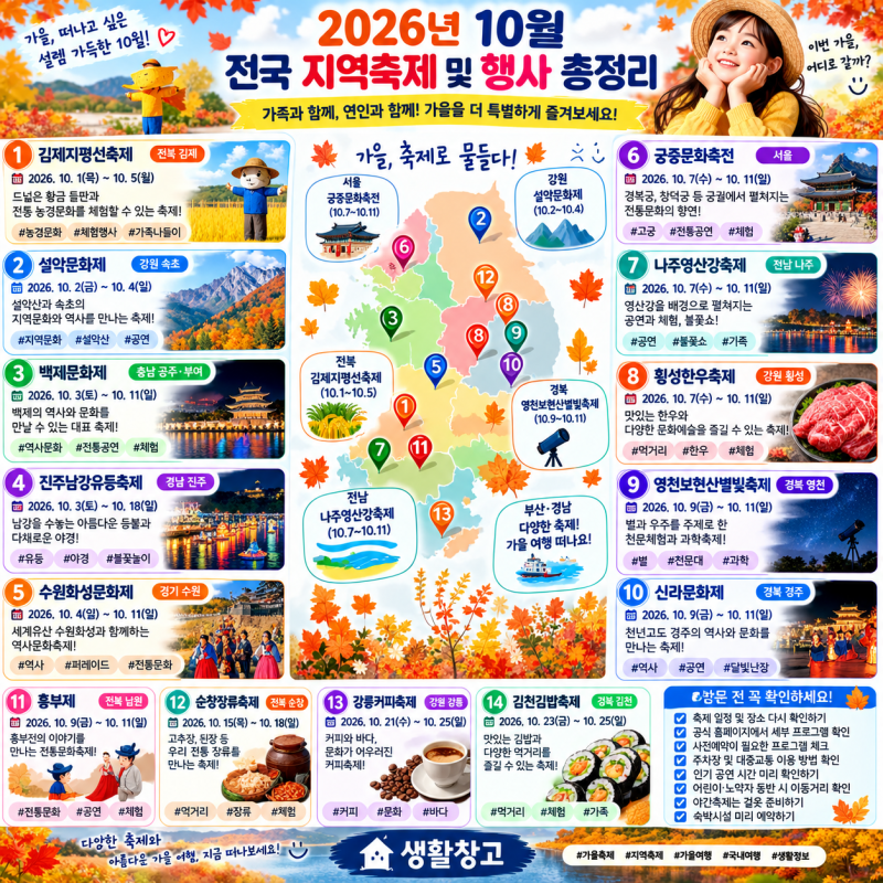 2026년 10월 지역축제 및 행사 총정리｜전국 가을축제 가볼 만한 곳