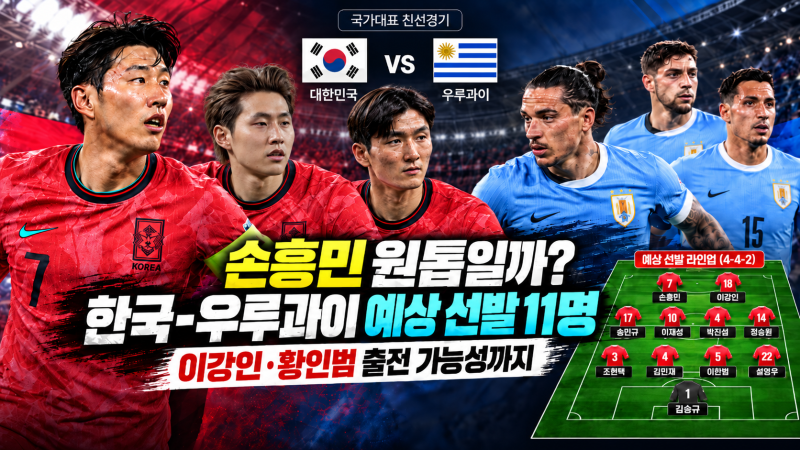 손흥민 원톱일까? 한국-우루과이 예상 선발 11명, 이강인·황인범 출전 가능성까지