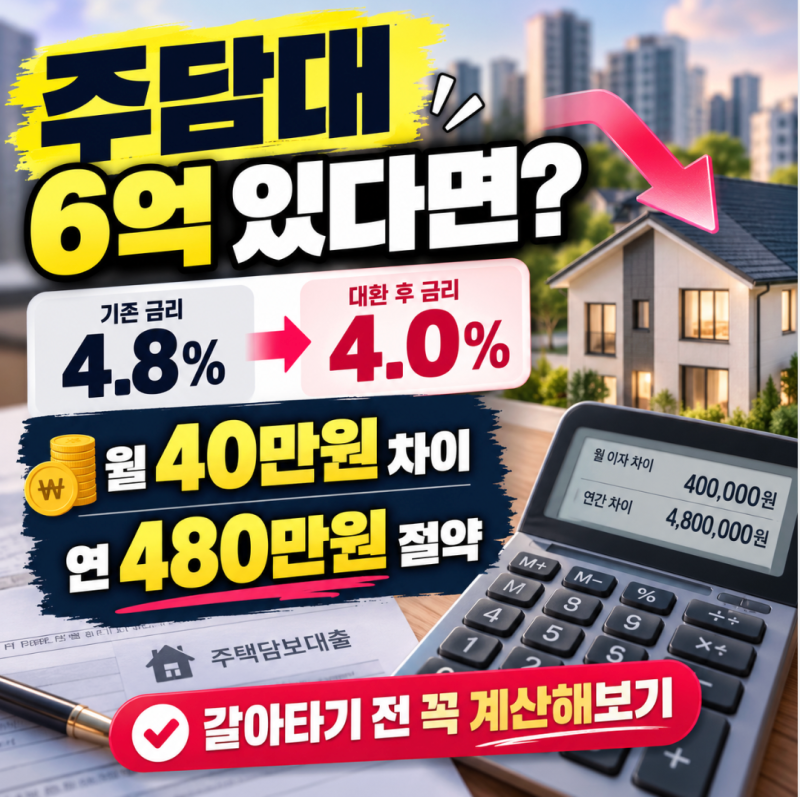 주담대 금리 0.8%p 낮추면 월 40만원? 6억 대출 갈아타기 계산해보니