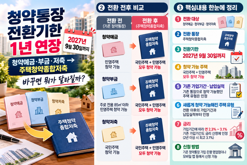청약통장 전환기한 1년 연장 청약예금·부금·저축→주택청약종합저축 바꾸면 뭐가 달라질까....