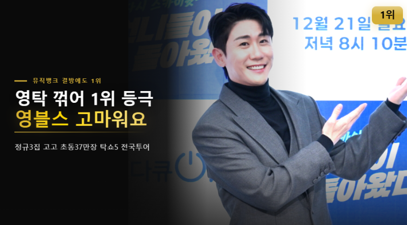 영탁, ‘뮤직뱅크’ 결방에도 1위 등극…“영블스 고마워요”