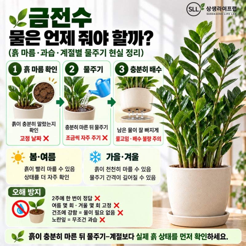금전수 물은 언제 줘야 할까? (흙 마름·과습·계절별 물주기 현실 정리)