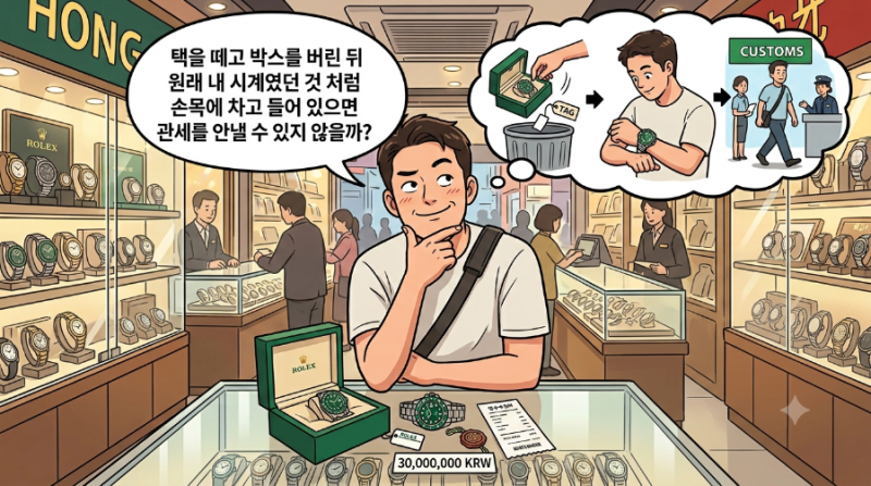 외국에서 싸게 구매한 롤렉스 택을 떼고 박스 버리고 손목에 차고 입국하면 안 걸리지 않을....