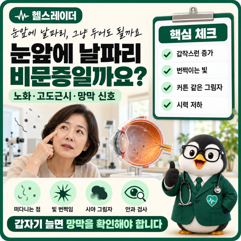 눈앞에 날파리 비문증 원인, 갑자기 늘거나 번쩍일 때 망막박리 응급 신호