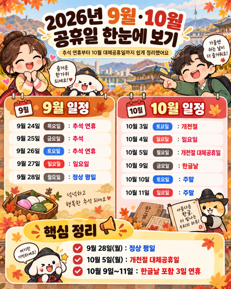 2026 추석 대체공휴일 9월 28일 쉬나요? 10월 5일은 쉽니다