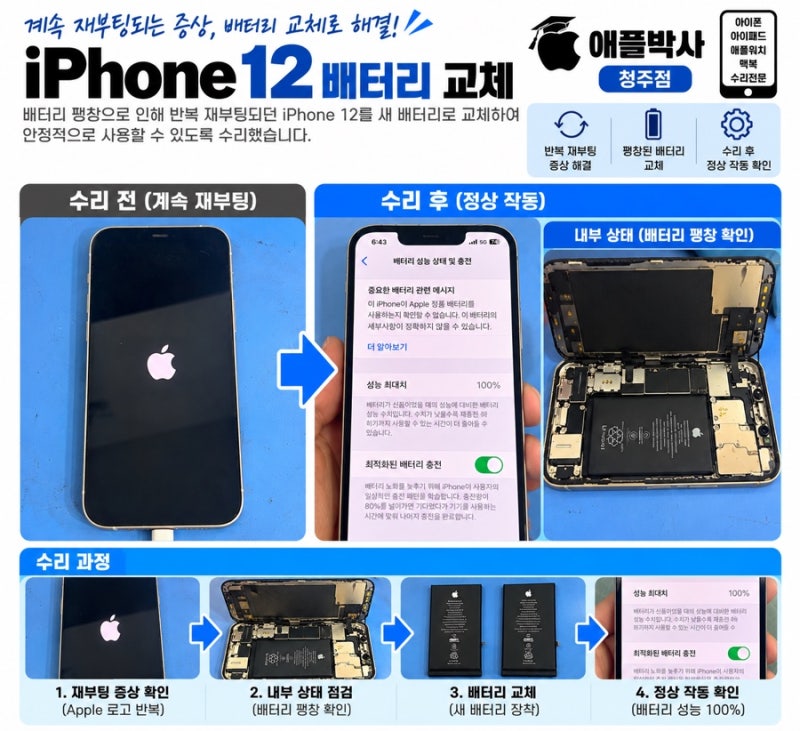 청주 아이폰12 반복 재부팅 원인? 배터리 스웰링 확인 후 교체