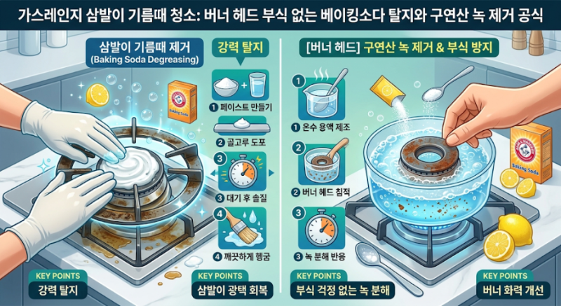 가스레인지 삼발이 기름때 청소: 버너 헤드 부식 없는 베이킹소다 탈지와 구연산 녹 제거 공....