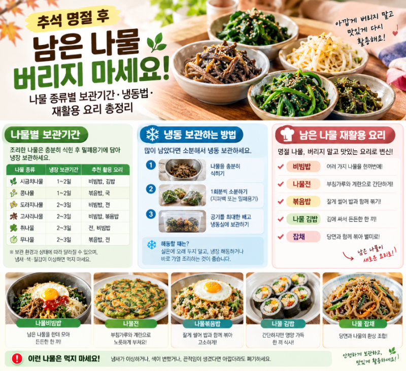 추석 명절 후 남은 나물 종류별 보관기간·냉동법· 요리 총정리