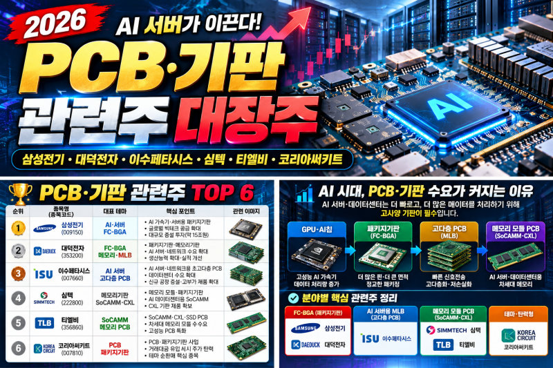 PCB·기판 관련주 대장주 총정리 삼성전기·대덕전자·이수페타시스·심텍·티엘비·코리아써....