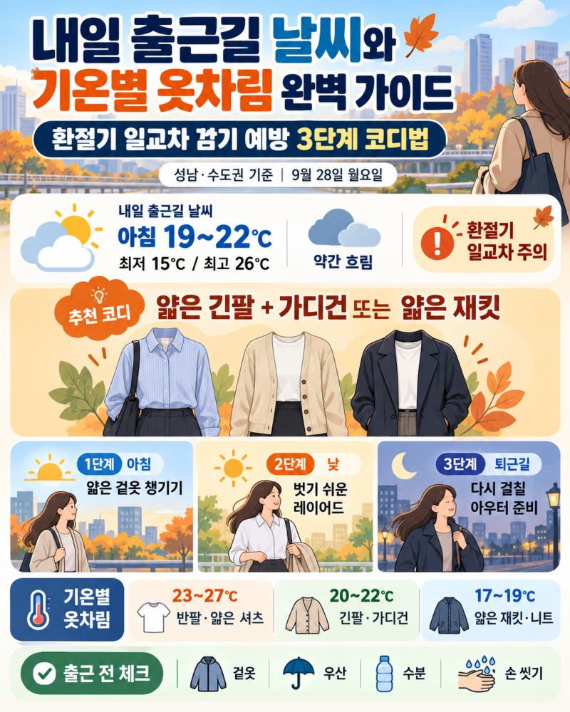 내일 출근길 날씨와 기온별 옷차림 완벽 가이드｜환절기 일교차 감기 예방 3단계 코디법