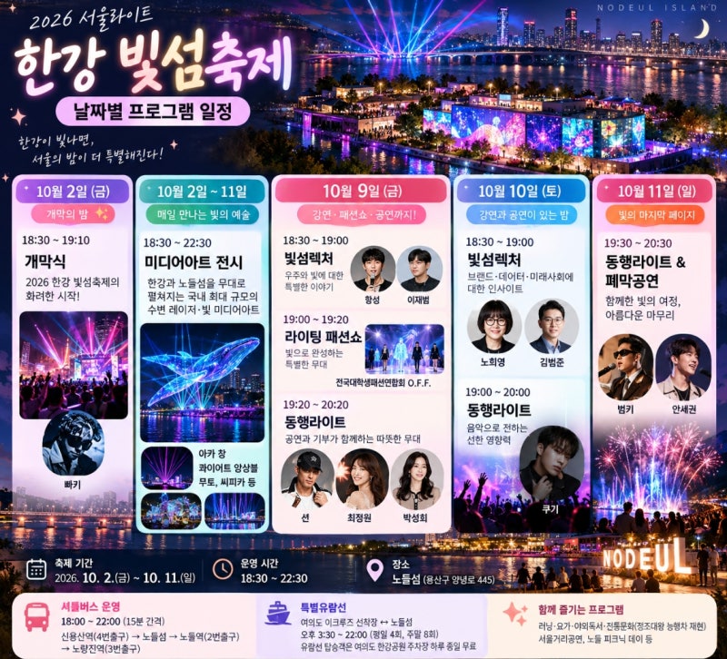 “여기가 서울 맞아?” 10월 노들섬에서 열리는 역대급 빛축제 서울무료축제, 불꽃축제