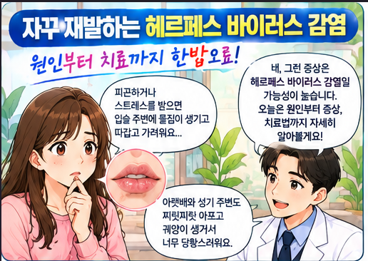 입술 수포·피부 궤양 자꾸 재발하는 이유? 헤르페스 바이러스 감염(1형·2형·성기 헤르페스·....