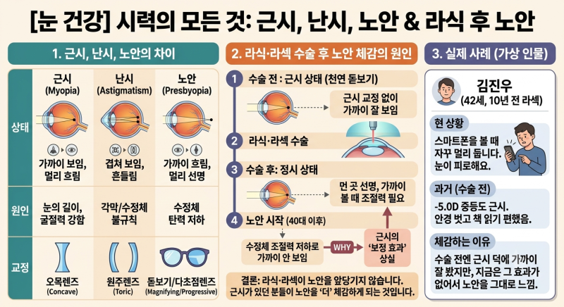 [건강상식] 근시·난시·노안의 차이와 라식·라섹 후 노안이 일찍 느껴지는 진짜 이유