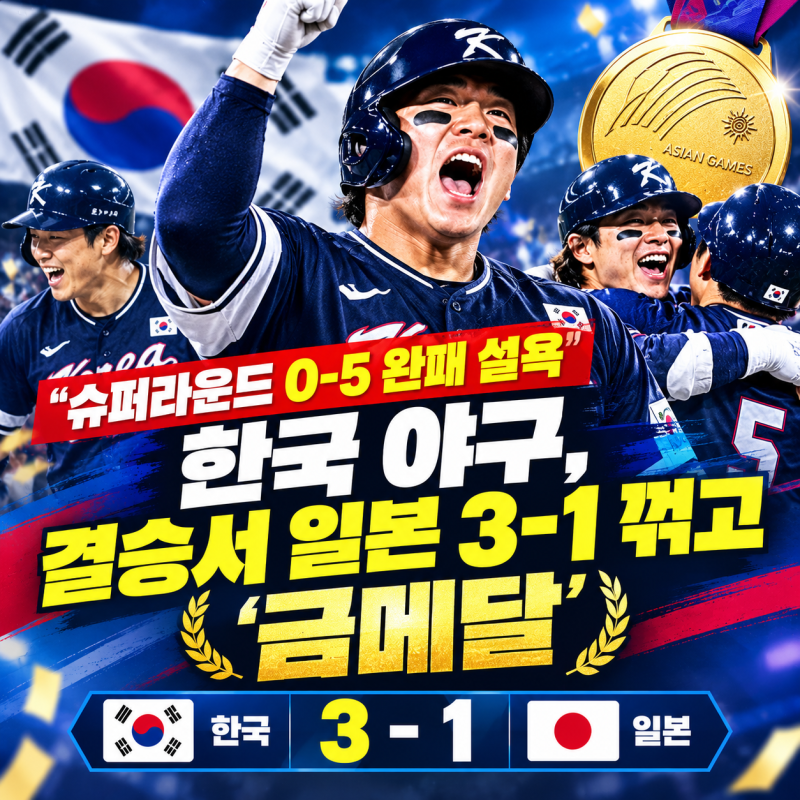 "슈퍼라운드 0-5 완패 설욕" 한국 야구, 결승서 일본 3-1 꺾고 '금메달'