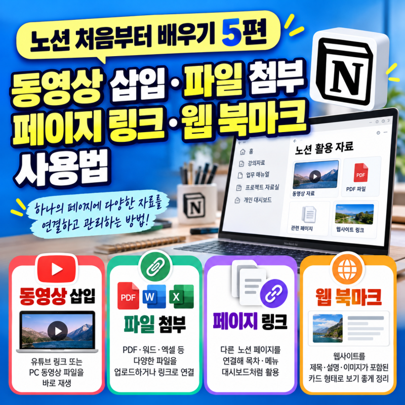 노션 처음부터 배우기 5편 | 동영상 삽입·파일 첨부·페이지 링크·웹 북마크 사용법