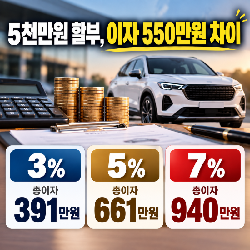 자동차 할부금리 3%·5%·7% 차이｜5천만원 기준 총이자는?