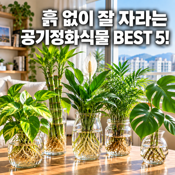 흙 없이 물만 주면 끝! 초보자도 안 죽이는 수경재배 공기정화식물 BEST 5