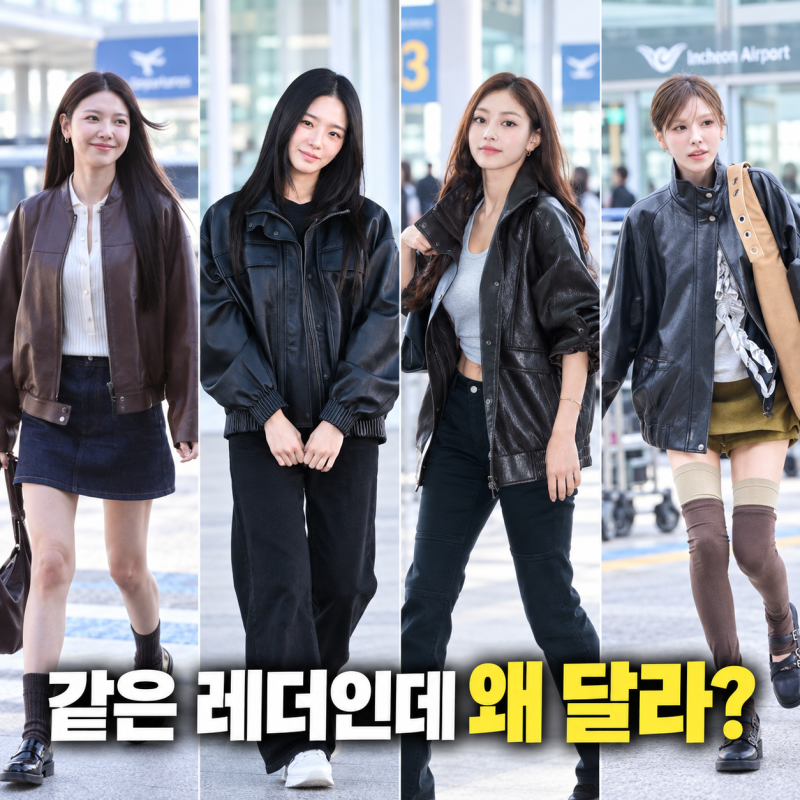 박규영 지효 웬디 수영 공항패션, 레더 재킷 코디 4가지 비교