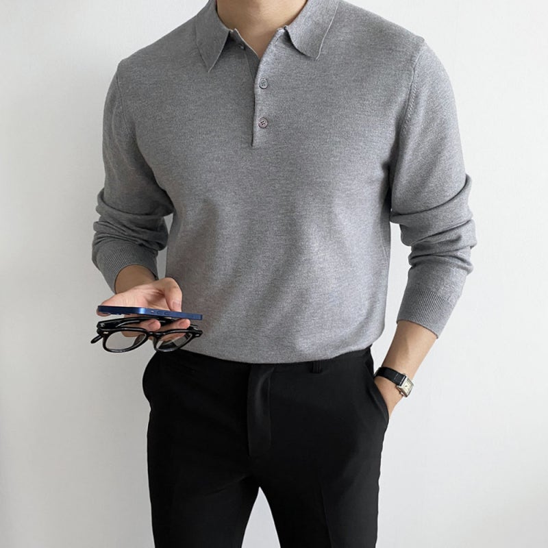 단정한 데일리룩에 활용하기 좋은 블루트 남자 긴팔 카라 니트