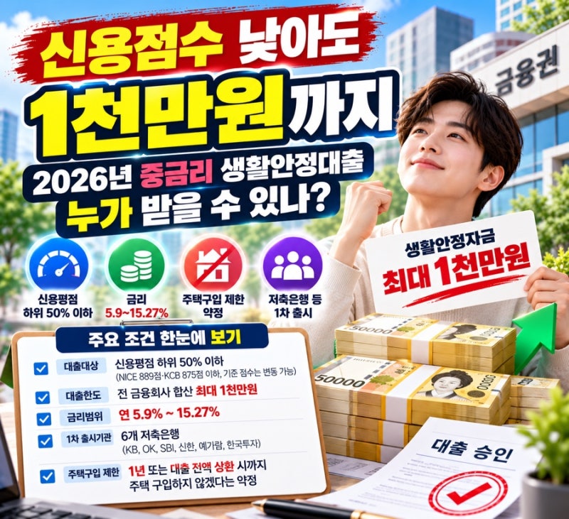 신용점수 낮아도 1천만원까지｜2026년 중금리 생활안정대출, 누가 받을 수 있나