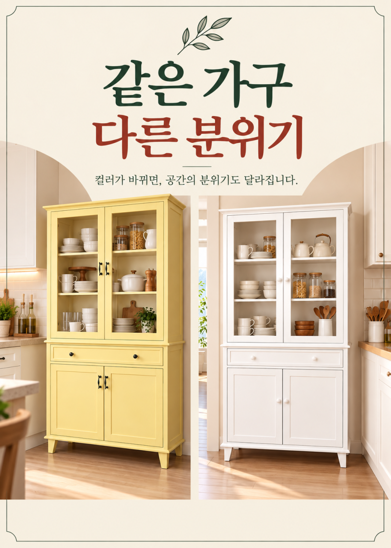 같은 디자인 컬러에 따라 달라 보이는 수납장, 유리 장식장의 다양한 활용법..