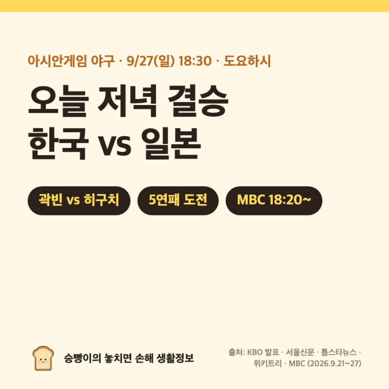 아시안게임 야구 결승 9/27(일) 18:30 vs 일본｜MBC 18:20~ 중계 · 곽빈 vs 히구치 · 조별 3전 전승 ·....