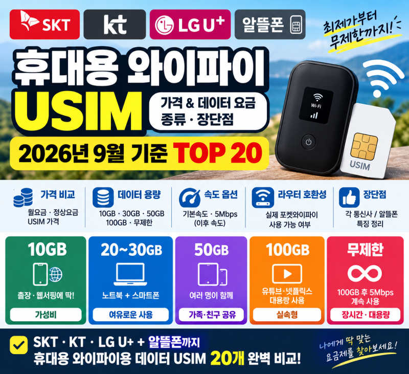 휴대용 와이파이 USIM 각 통신사별 가격 및 데이터 전용 요금 및 종류 . 장단점 총정리