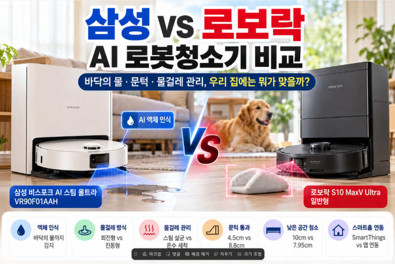 삼성 vs 로보락 AI 로봇청소기 비교｜바닥의 물·문턱·물걸레 관리, 우리 집에는 뭐가 맞을까?