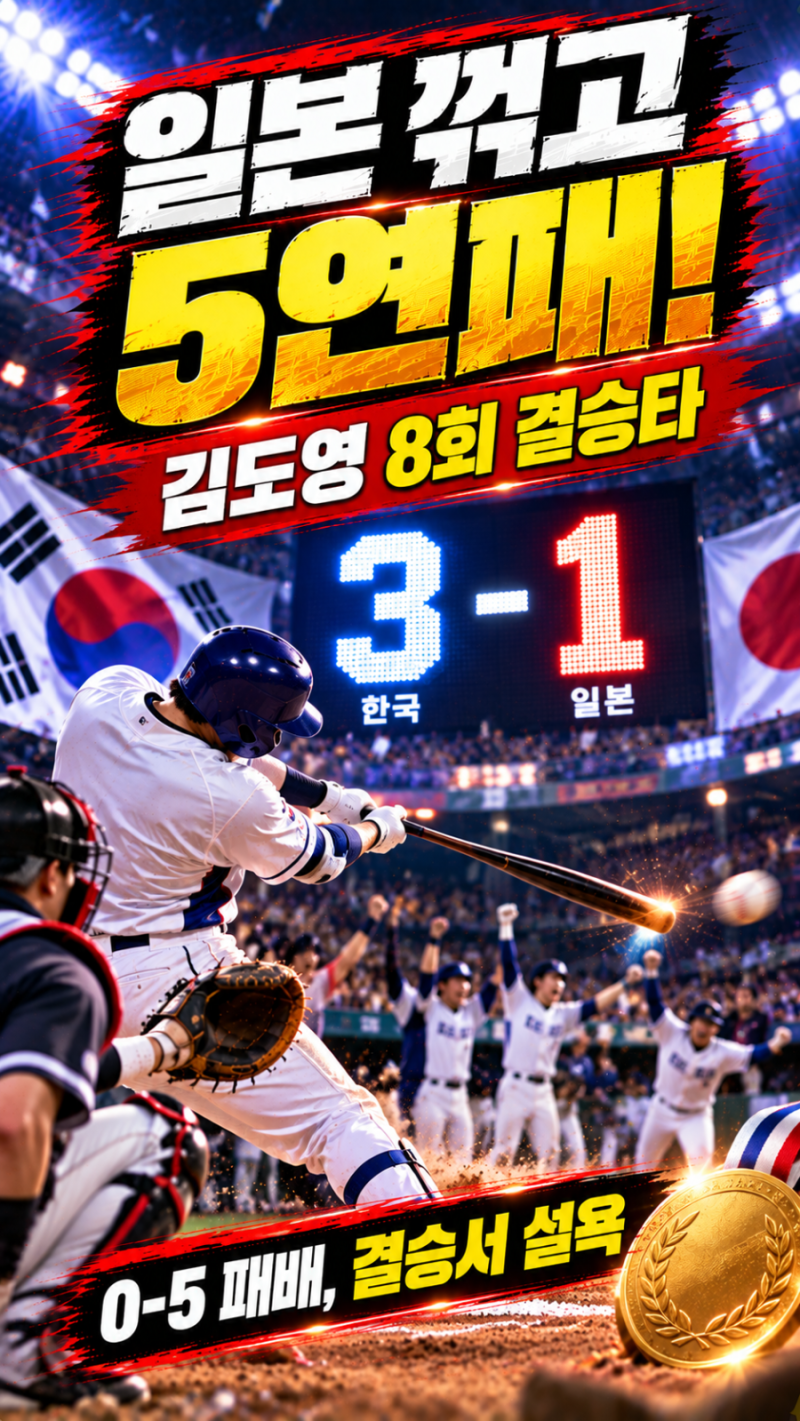 0-5 패배를 결승에서 갚았다…김도영 결승타, 일본 꺾고 AG 5연패