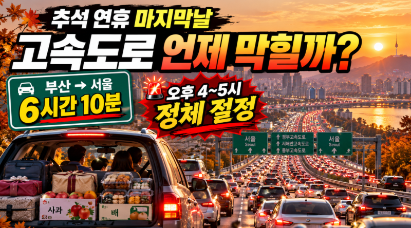 추석 연휴 마지막날 고속도로 언제 막힐까?부산→서울 6시간·오후 정체 절정·귀경길 총정리