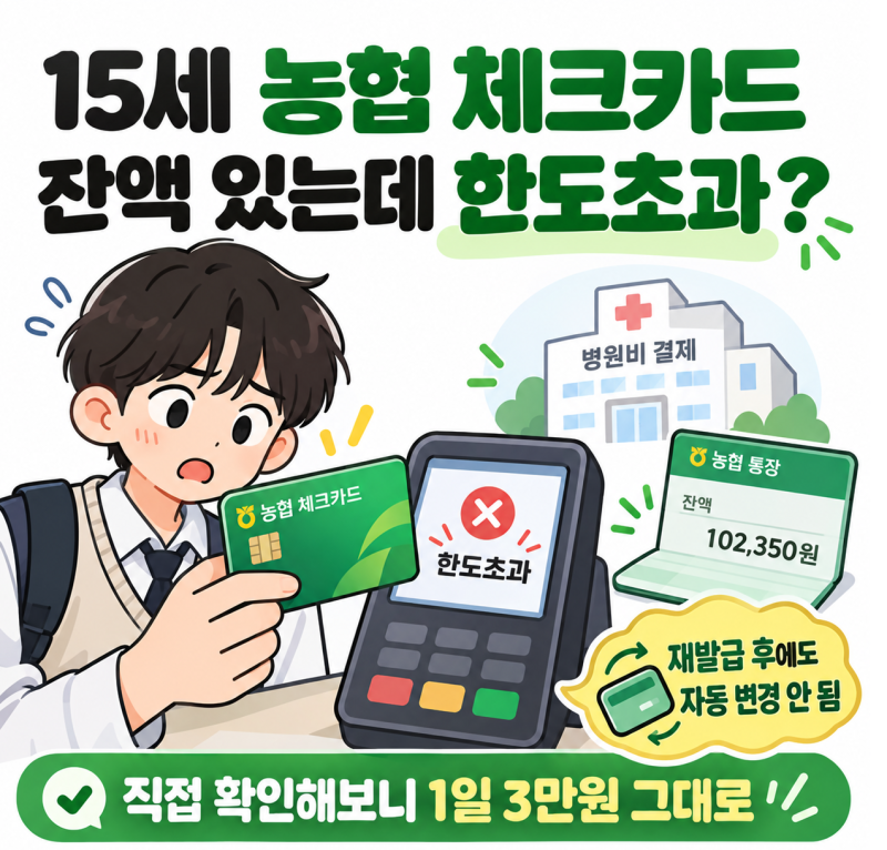 중3, 15세 농협체크카드 한도 초과 : 잔액이 있는데도 한도초과로 결제가 안된 이유