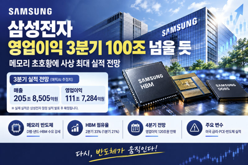 [영업이익] 삼성전자 3분기 영업이익 100조 넘을 듯…메모리 초호황에 사상 최대 실적