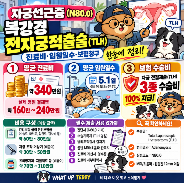 2026 자궁선근증 N80.0 복강경 자궁적출술 TLH 진료비와 1-5종 3종 수술비 수령 기준