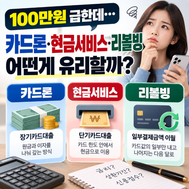 100만원 급할 때 카드론·현금서비스·리볼빙…이름은 비슷해도 갚는 방식은 완전히 다르다