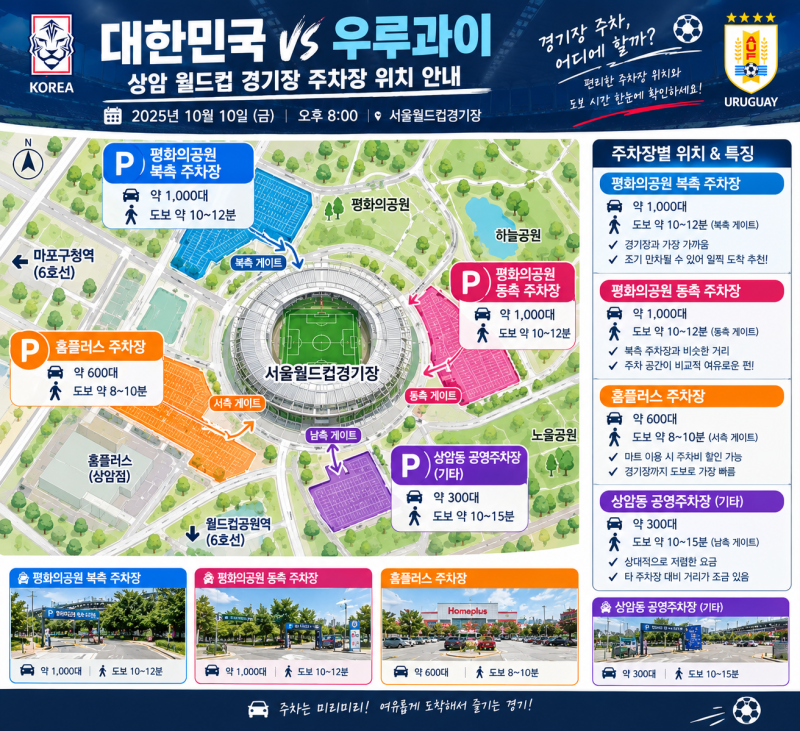 상암 경기장 주차 꿀팁 총정리 - 홈플러스 vs 평화의공원 vs 북측주차장 가격·도보시간 비교