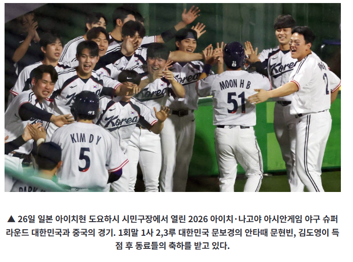야구 대표팀, 중국 꺾고 결승 진출…27일 일본과 재격돌