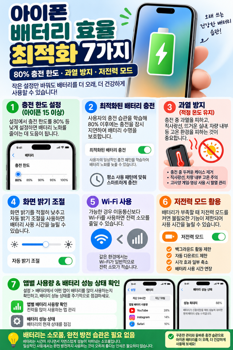 아이폰 배터리 효율 최적화 방법｜배터리 성능 100% 오래 유지하는 7가지 설정